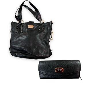 Michael Kors‎ Leather Tote Wallet Set Large Black Big Valley Stud Travel Handbag